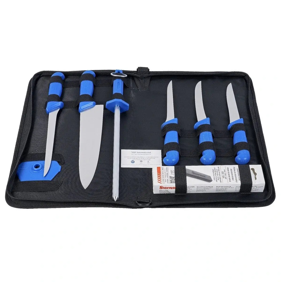 Starrett BKK 8B knife set displayed in open carry case with five knives, sharpening steel and sharpening stone