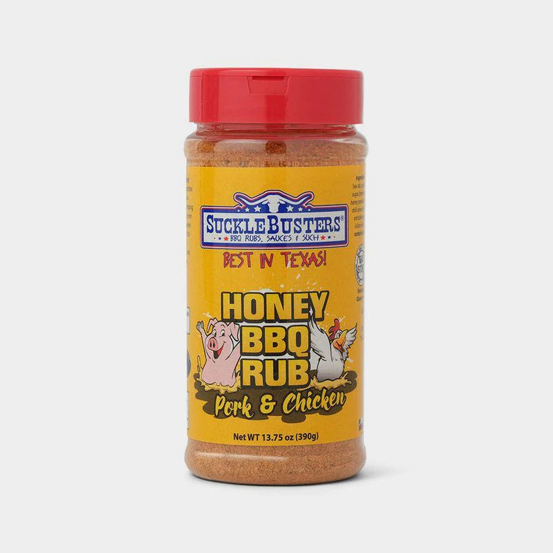 SuckleBusters Honey BBQ Rub 390g shaker bottle front view for pork and chicken BBQ seasoning