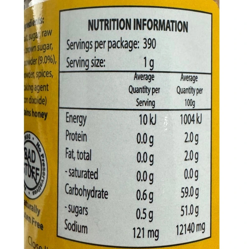 Nutrition information panel for SuckleBusters Honey BBQ Rub showing serving size sodium and sugar content