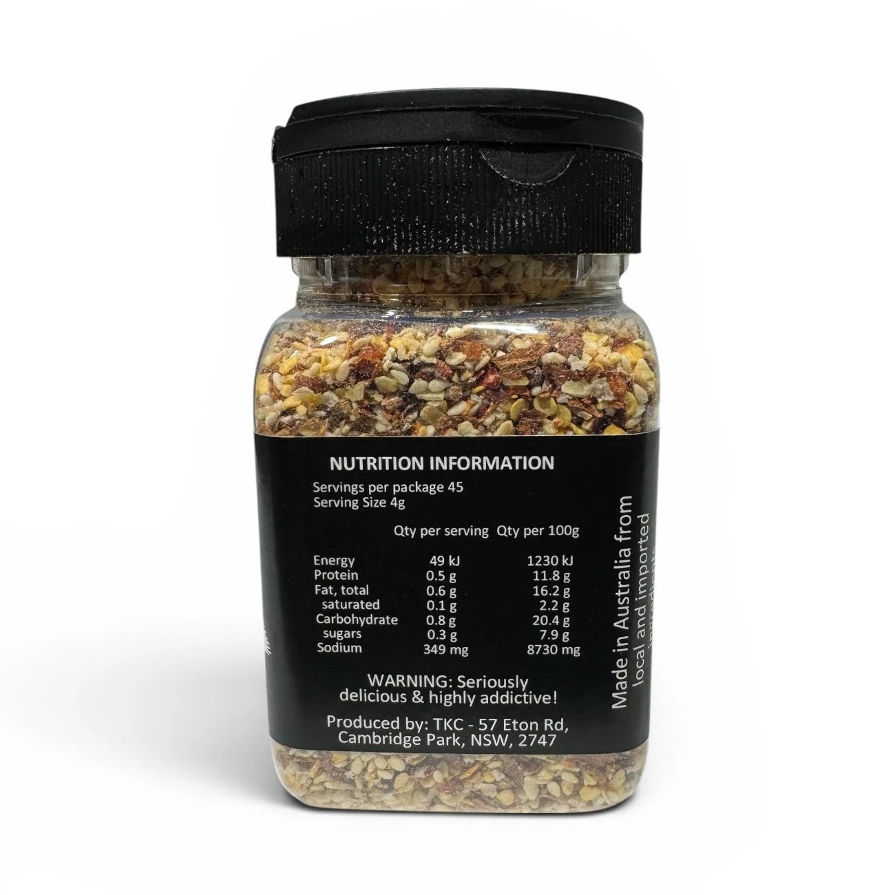 Nutrition information panel on Toad’s Kitchen Cupboard Orient Blaze 180g seasoning blend made in Australia.
