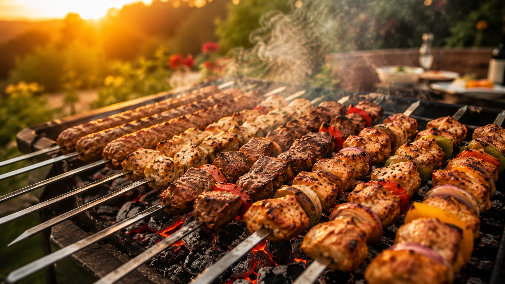 Assorted meat and vegetable skewers cooking over glowing charcoal