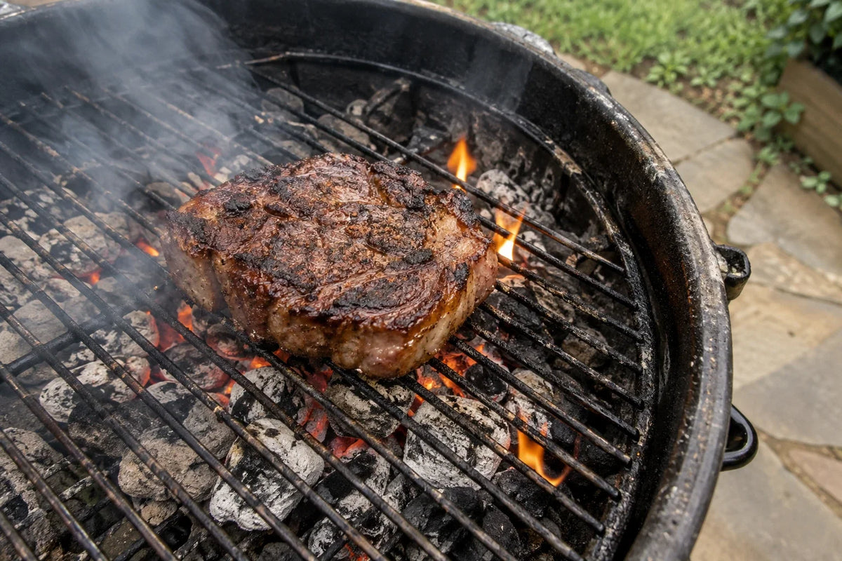 Thick-cut steak with a dark seared crust on a charcoal kettle grill over glowing embers