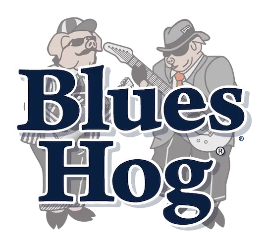 Blues Hog BBQ sauces logo with blues musicians illustration and blue text branding