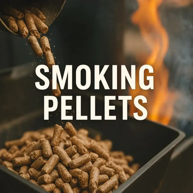Smoking wood pellets being poured into a BBQ hopper with fire in the background