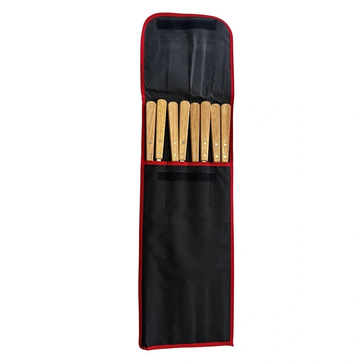 Wooden-handled stainless steel flat BBQ skewers stored in pouch