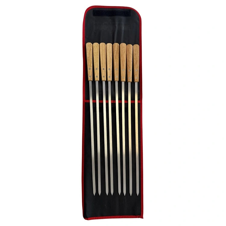 8 stainless steel flat BBQ skewers with wooden handles in storage pouch