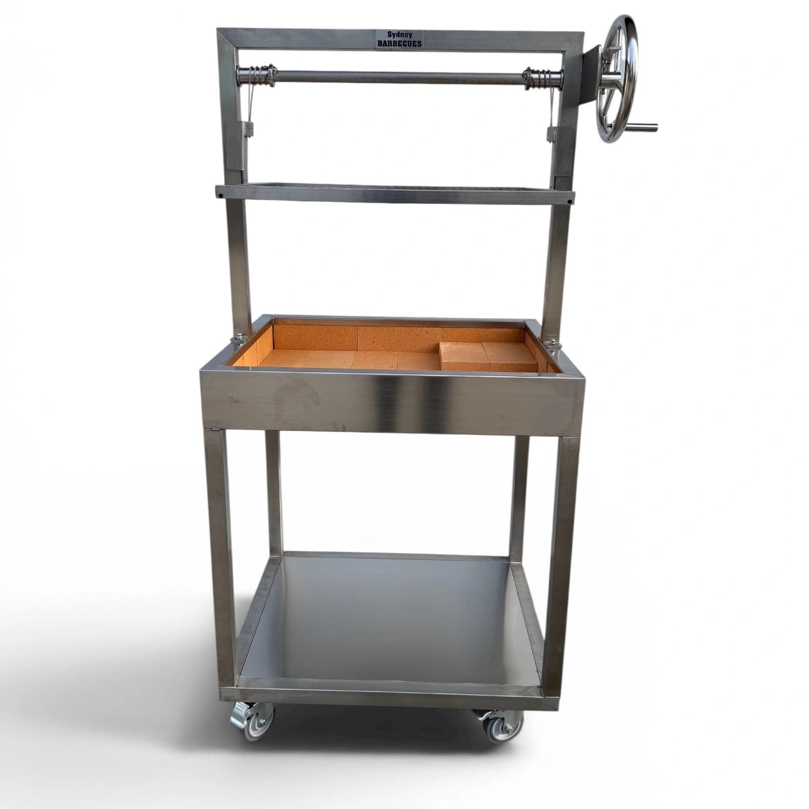 Front view of compact 304 stainless steel Parrilla BBQ with height adjustable round bar grill and wheeled frame.