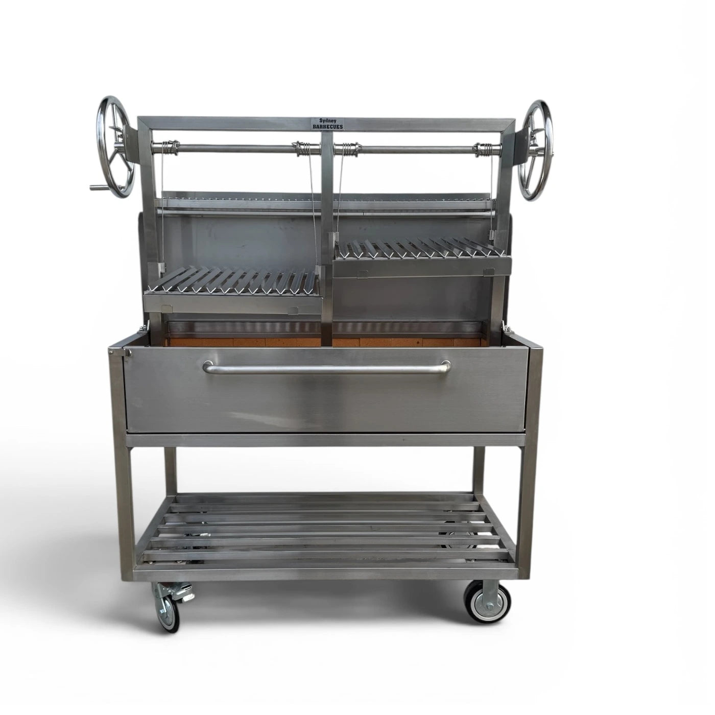 Commercial 304 stainless steel Parrilla charcoal BBQ with adjustable V grates, fire bricks, and heavy duty wheeled frame on white background.