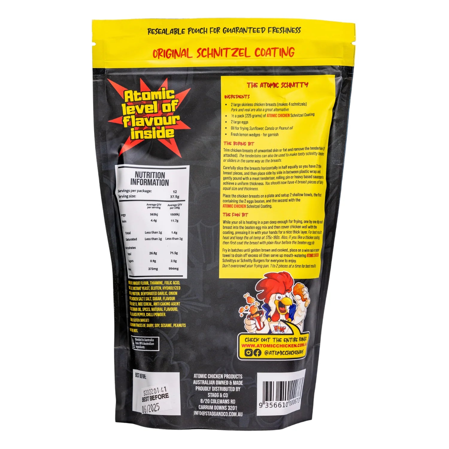 Back of Atomic Chicken Original Schnitzel Coating 450g pouch showing cooking instructions, nutrition information, ingredients, allergen details and Atomic Chicken branding.