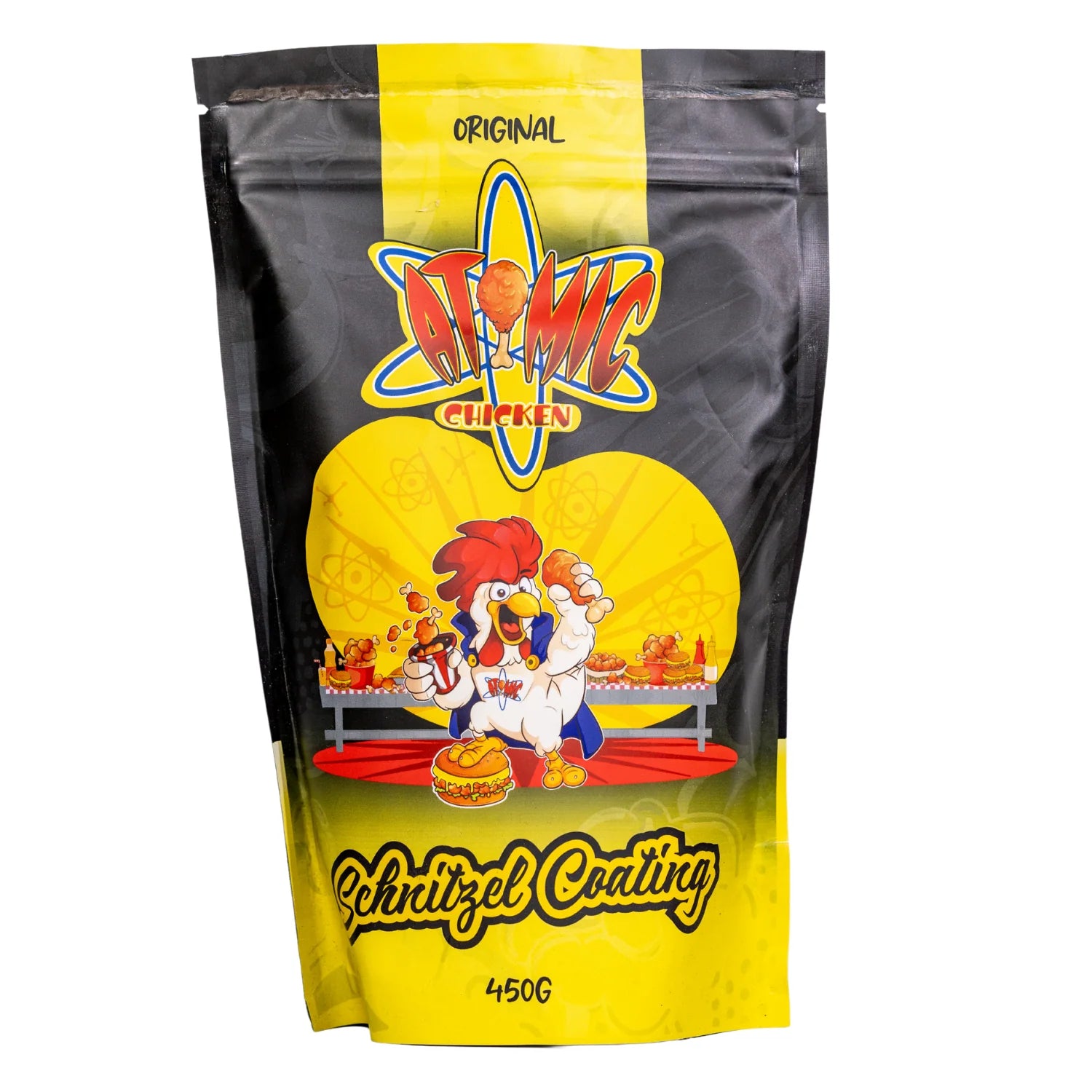 Atomic Chicken Original Schnitzel Coating 450g front packaging with black and yellow resealable pouch featuring cartoon chicken mascot and schnitzel coating branding.