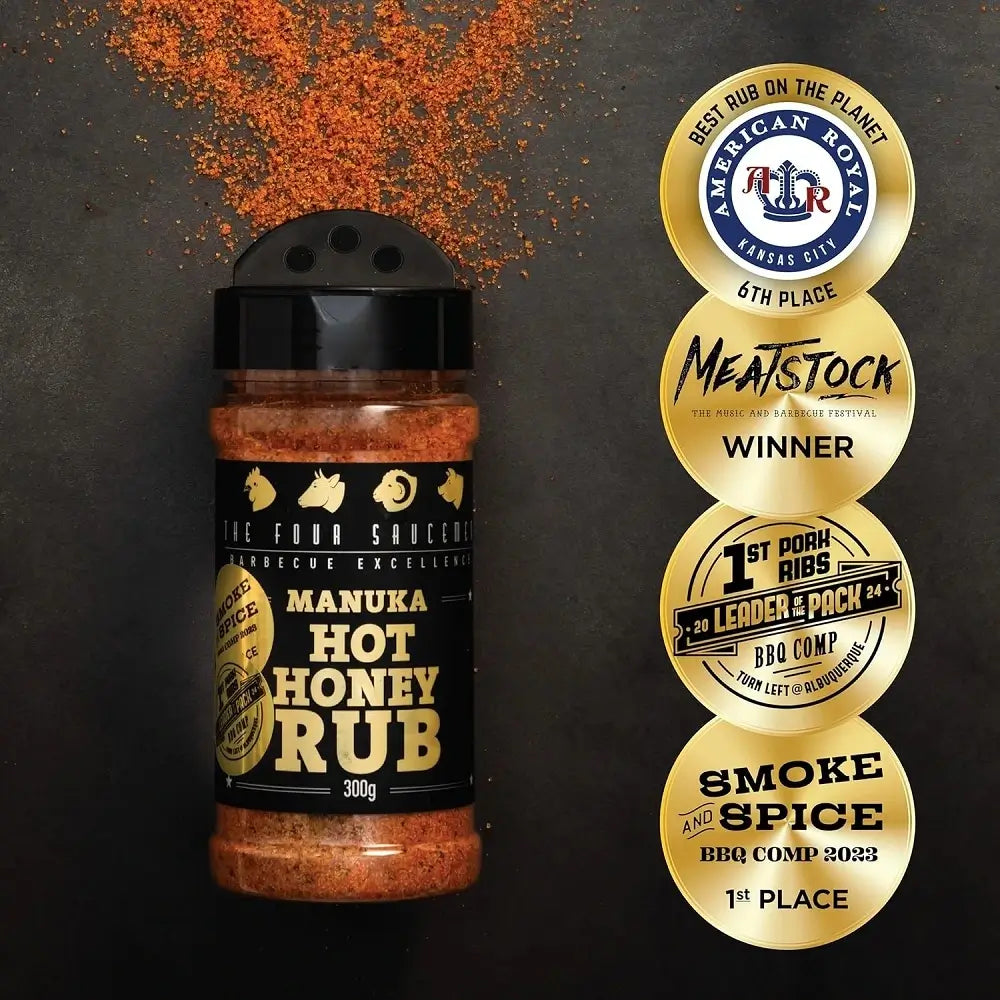 Award-winning Manuka Hot Honey Rub with first place BBQ competition medals
