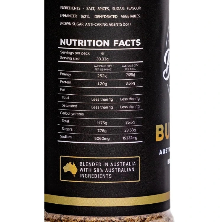 Close up of nutritional facts for Butchers Axe Bullseye BBQ Rub on product label