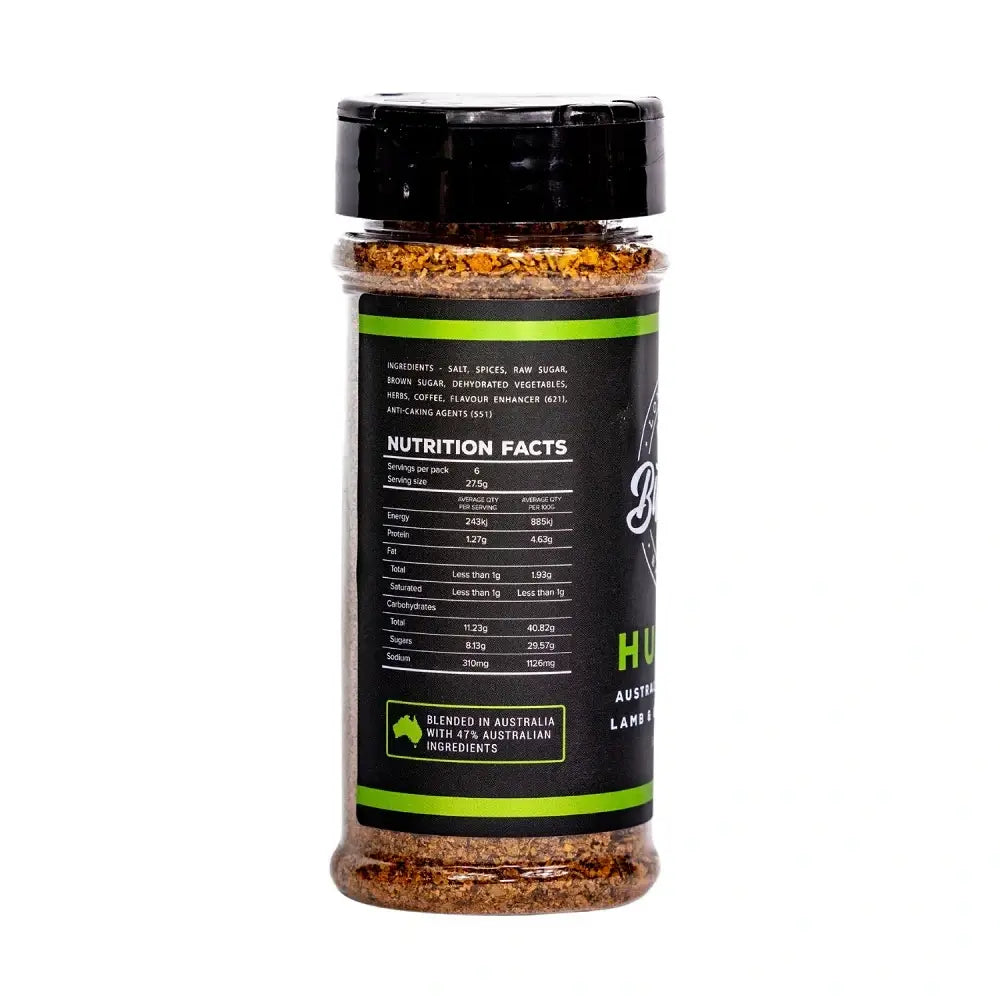 Nutrition facts and ingredients label of Butchers Axe Hunter Lamb and Game Rub 165g