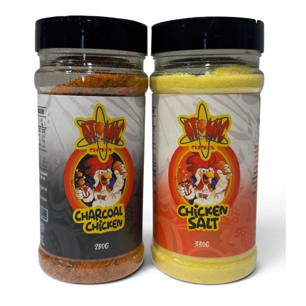 Atomic Chicken's Charcoal Chicken and Chicken Salt seasonings side by side