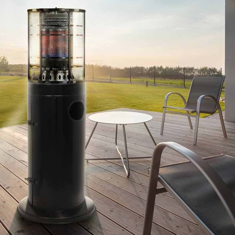 Gasmate black gas heater in use on timber deck at sunset for alfresco heating