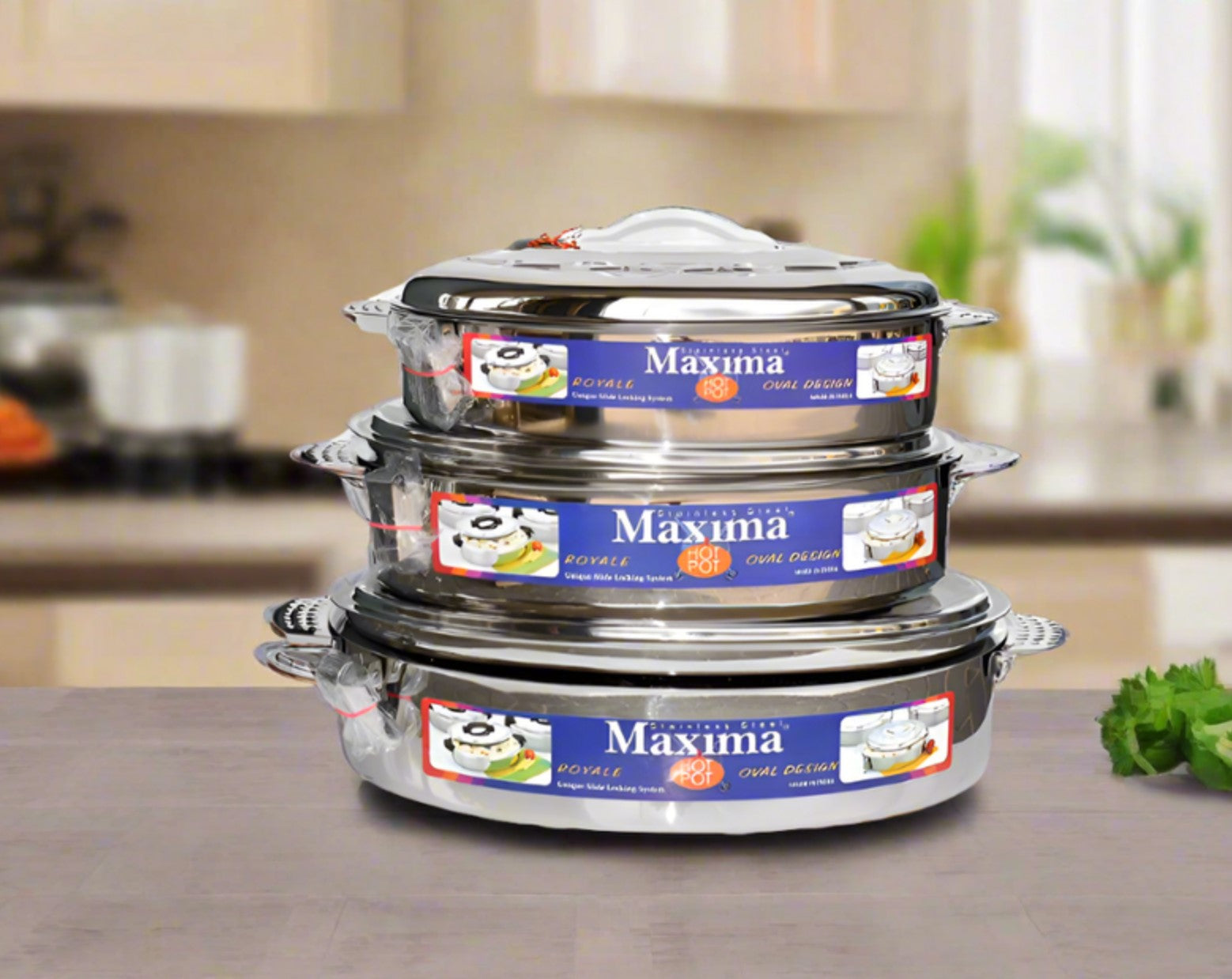 Stainless Steel Maxima Hot Pot Royale Food Warmer Oval 3 Pcs Set