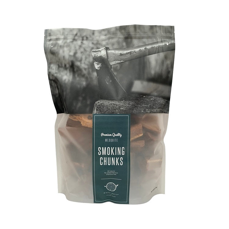 2KG bag of mesquite smoking chunks on a white background