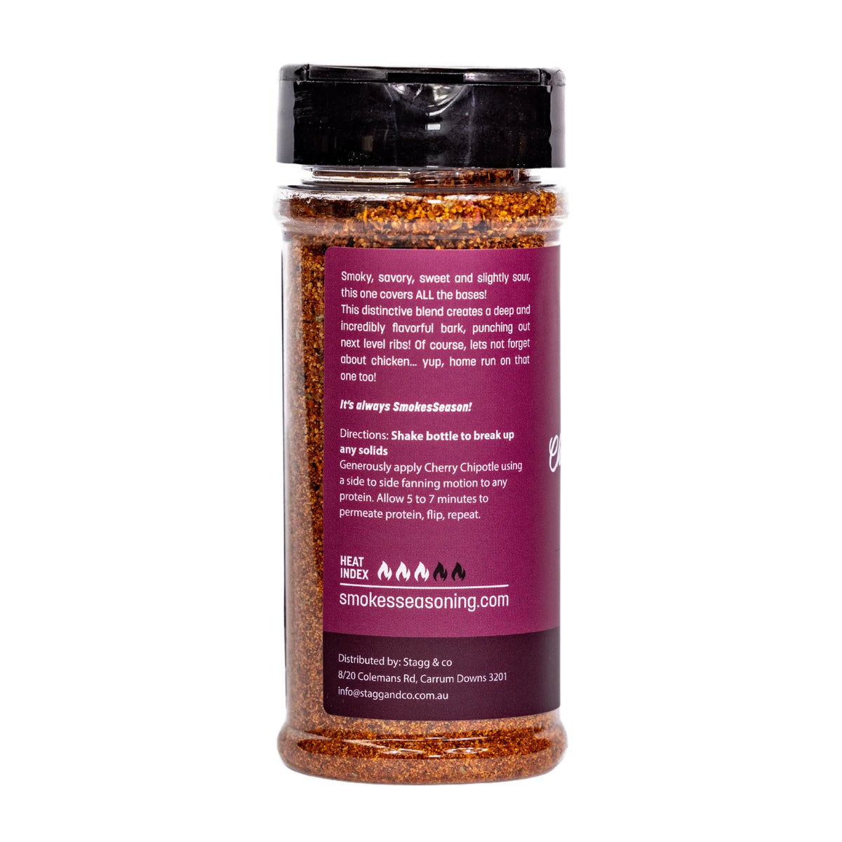 Smokes Cherry Chipotle BBQ Rub 160g side label showing flavour description, directions and heat index