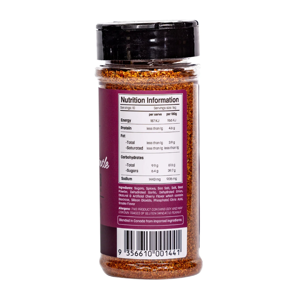 Smokes Cherry Chipotle BBQ Rub 160g back label showing nutrition information, ingredients and allergen statement