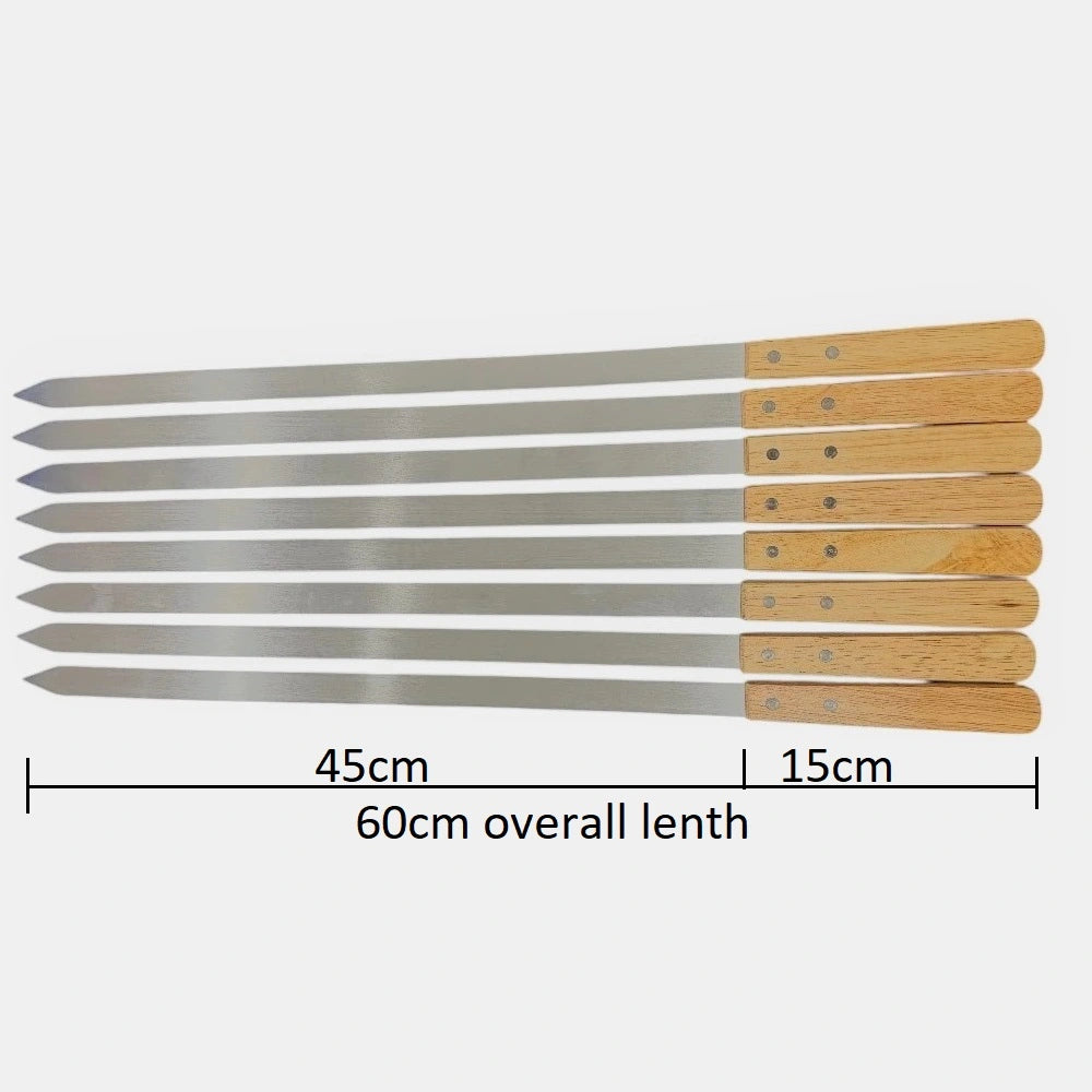 Dimensions of 8 pack stainless steel Adana flat skewers with wooden handles showing 45cm cooking length, 15cm handle length and 60cm overall length