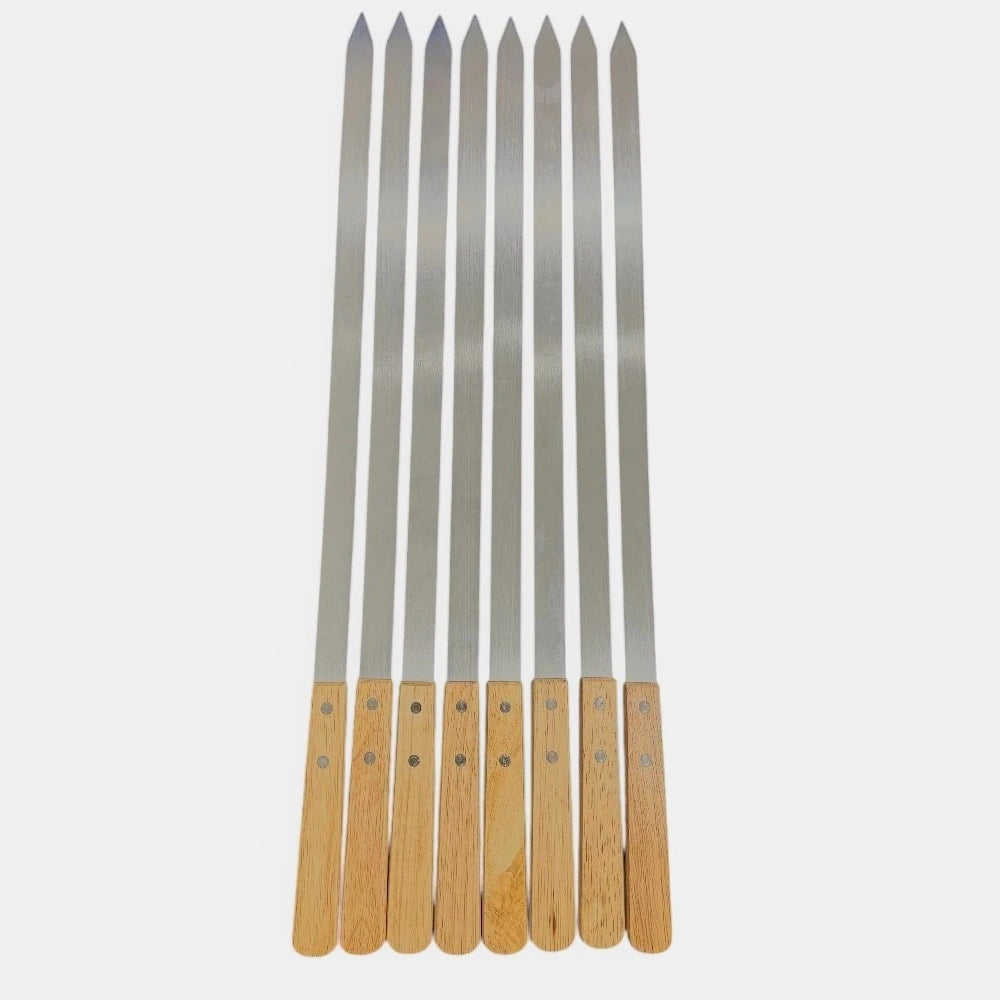 8 pack stainless steel Adana kebab flat skewers with wooden handles for charcoal BBQ grilling