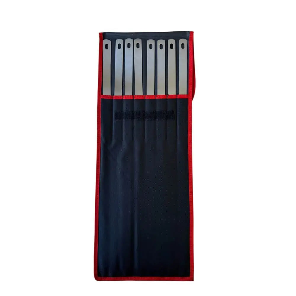 Full view of 6 flat BBQ skewers stored in open fabric case with red trim