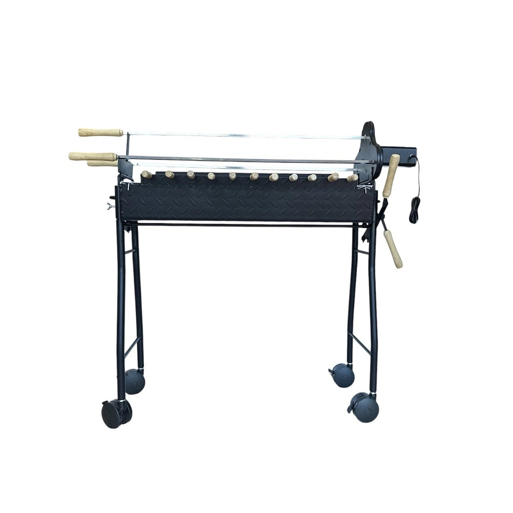 Assembled Cyprus BBQ grill with wheels and multiple skewer holders