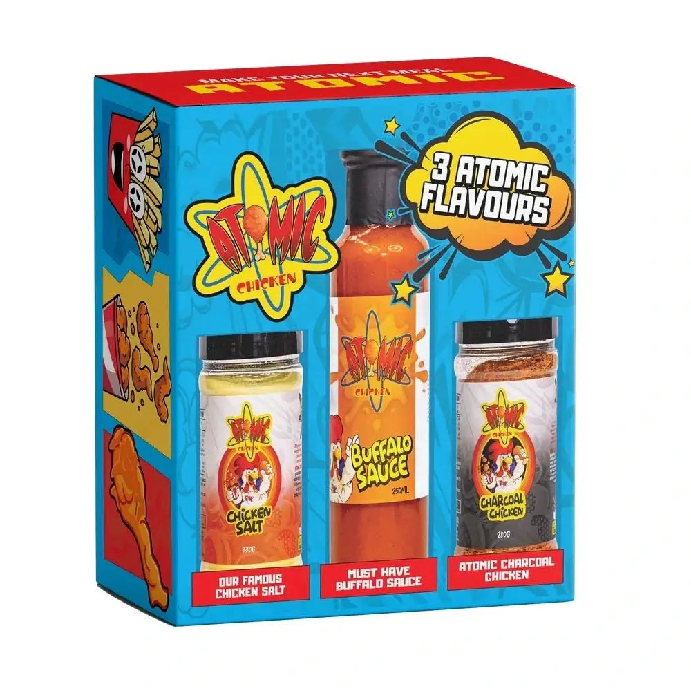 Atomic Chicken Gift Pack with Chicken Salt, Buffalo Sauce, and Charcoal Chicken Seasoning in colourful branded box