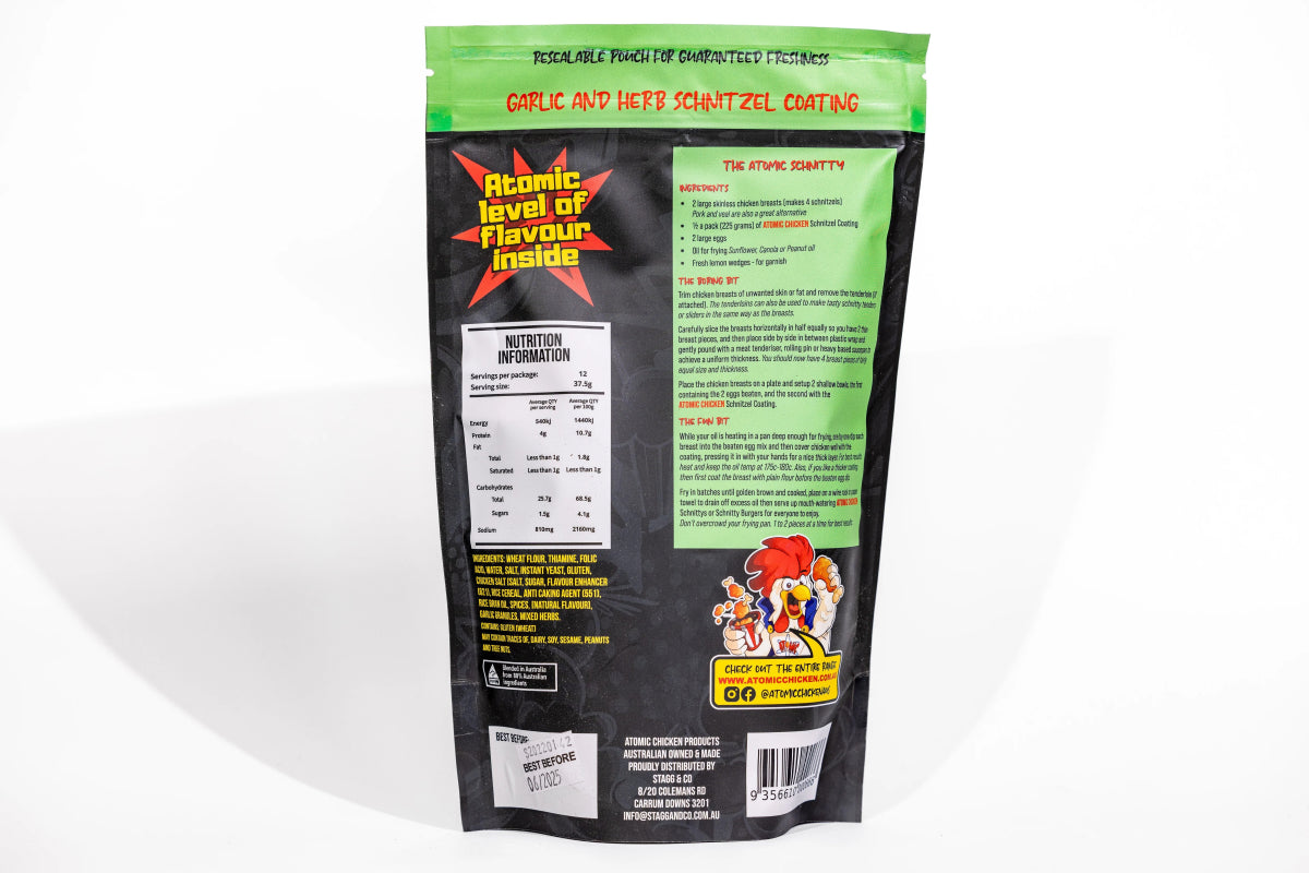 Atomic Chicken Schnitzel Herb & Garlic Coating – 450g - Sydney BBQs and Rotisseries