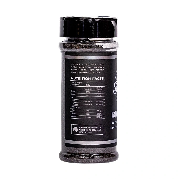Nutrition panel of Butchers Axe Big Bark BBQ Rub on product label