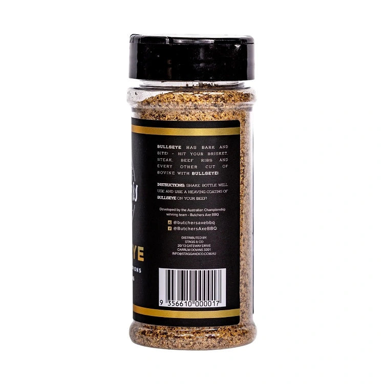 Rear view of Butchers Axe Bullseye BBQ Rub showing instructions and product information