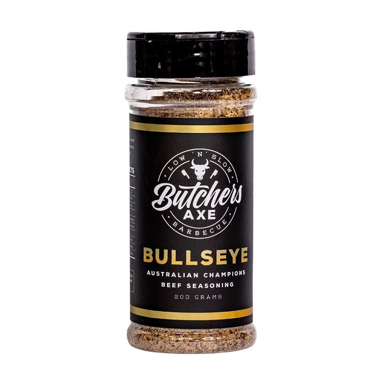 Front label of Butchers Axe Bullseye Beef Rub – savoury BBQ seasoning