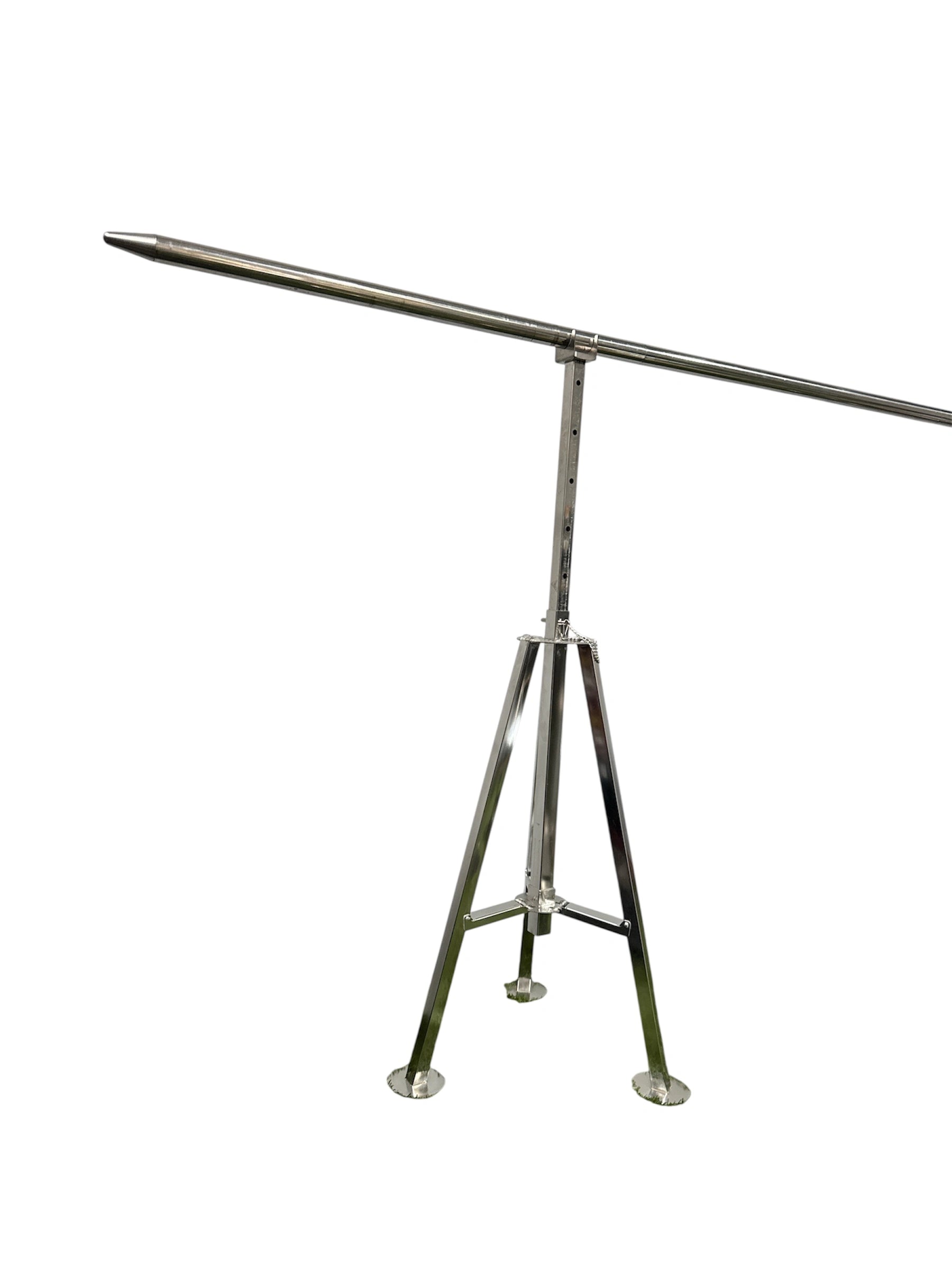 Angled view of Camping Rotisserie Elite with one tripod stand and extended skewer