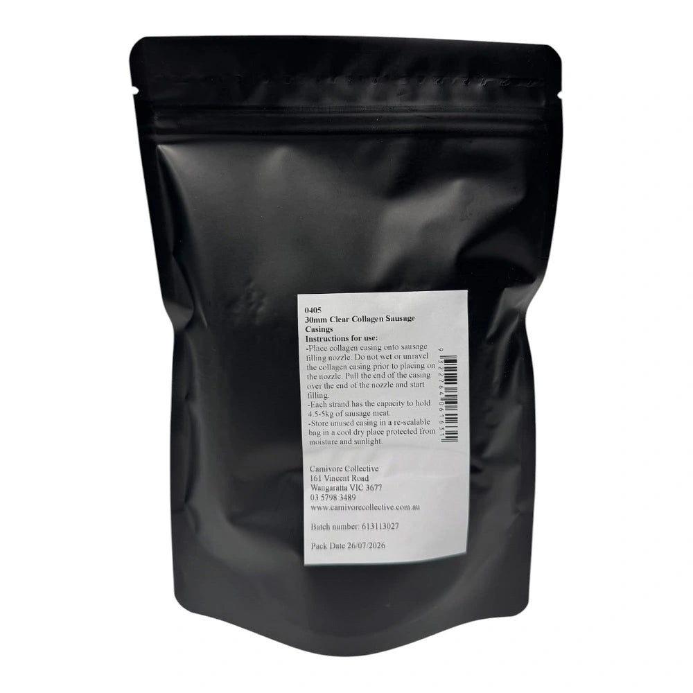 Back of Carnivore Collective 30mm collagen sausage casings pack showing filling and storage instructions