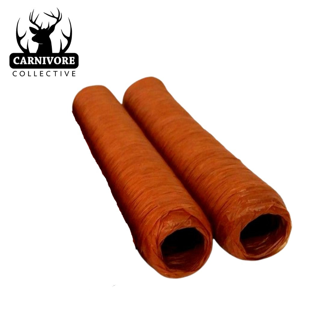 Back of Carnivore Collective 30mm collagen kabana casings pack showing filling and storage instructions