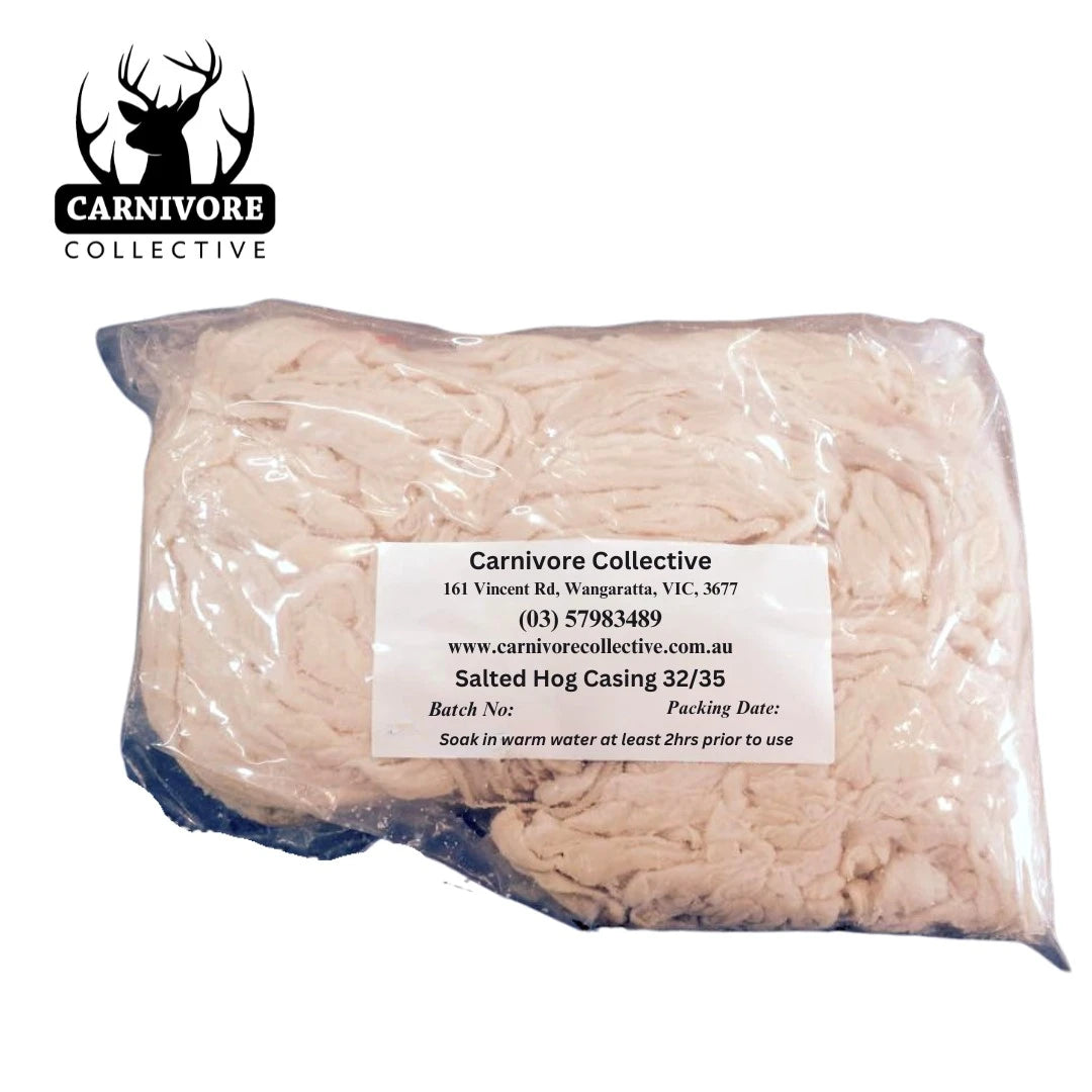 Carnivore Collective 32/35mm salted hog sausage casings in clear packaging