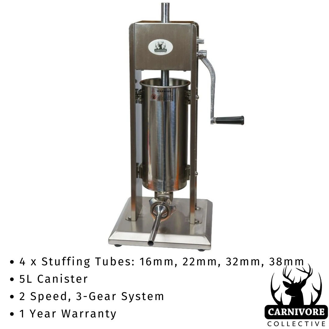 Carnivore Collective 5L Sausage Stuffer with four stuffing tubes and two speed three gear system