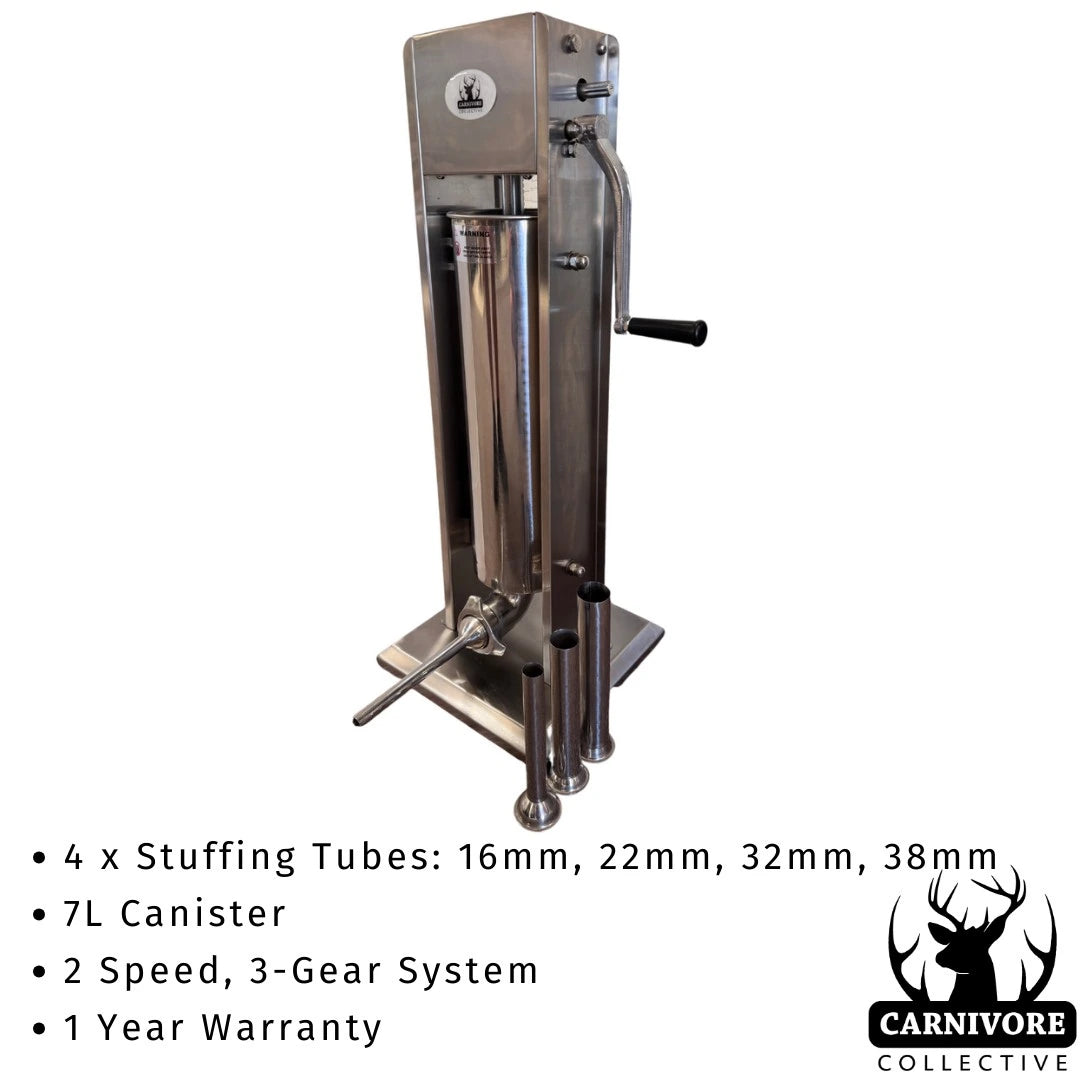 Carnivore Collective 7L stainless steel sausage and salami stuffer with four stuffing tubes