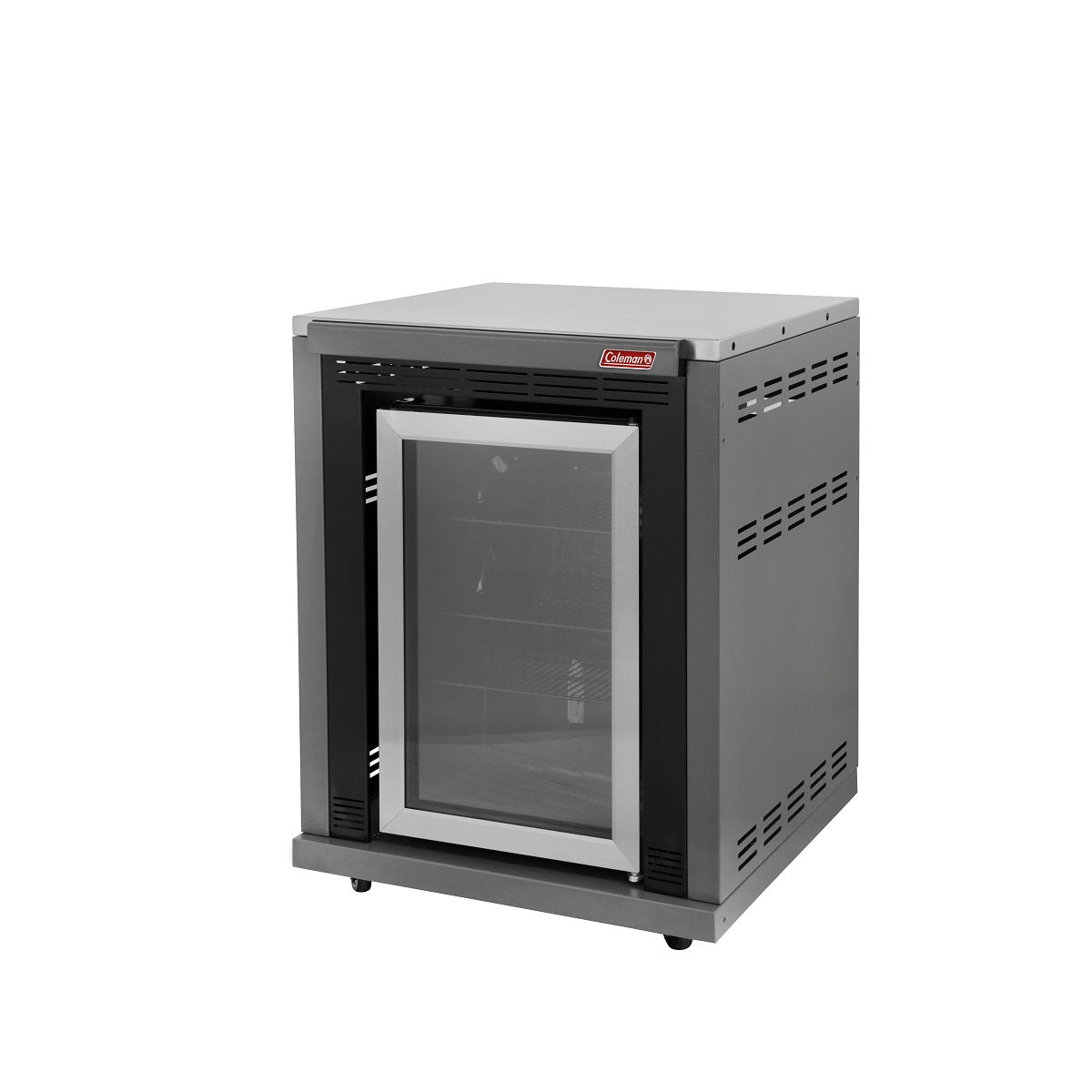 Angled view of Coleman fridge module with 70L capacity and glass door.