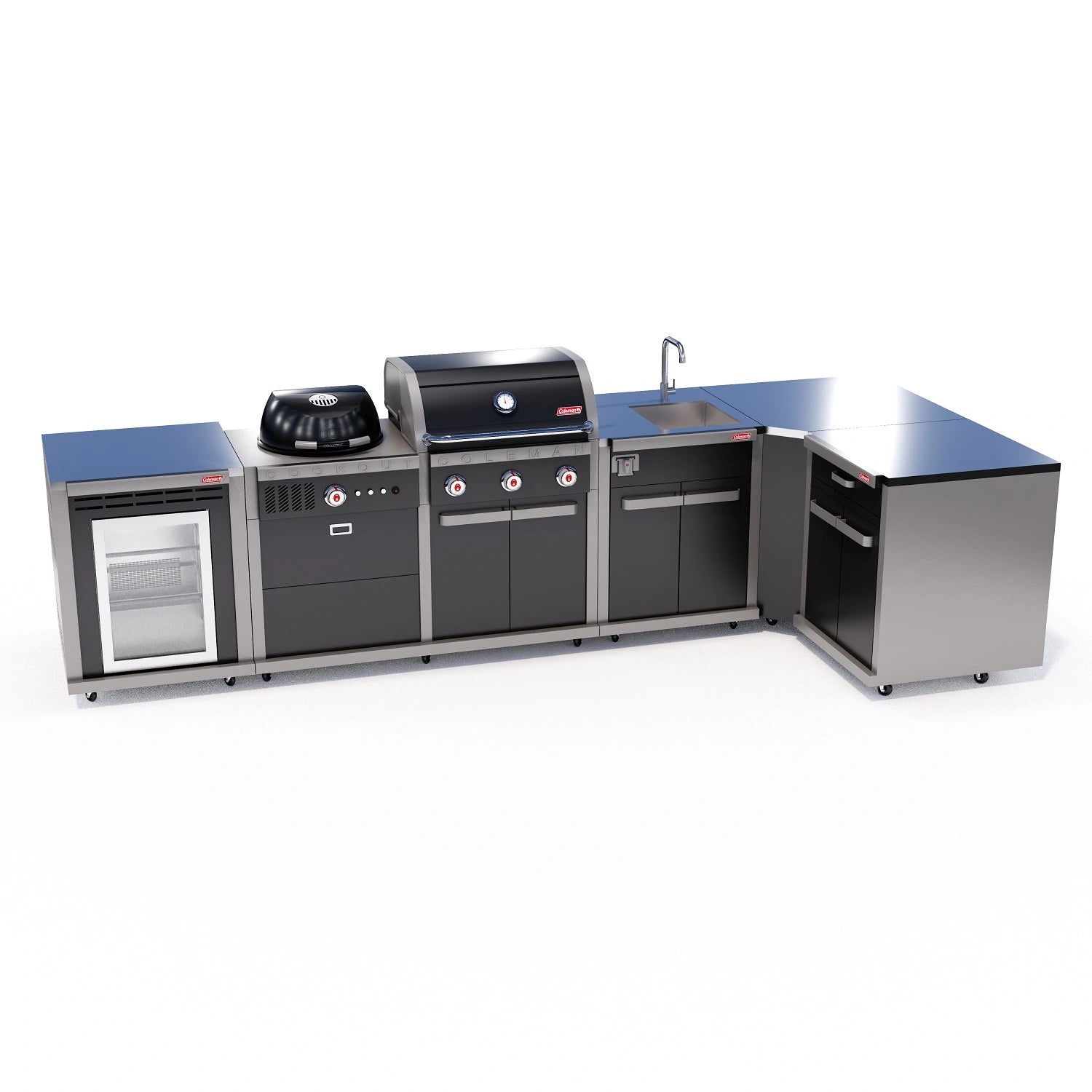 Coleman Revolution 5-module outdoor kitchen in gloss black, L-shape layout with fridge, dual fuel BBQ, sink, and corner module—fridge positioned on the left side.