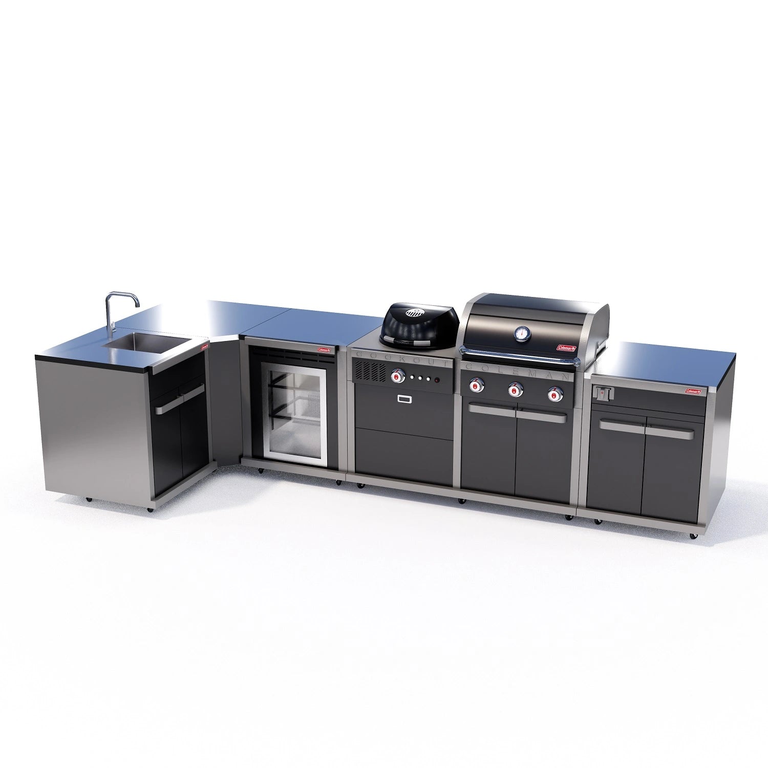 Gloss black Coleman L-shaped outdoor kitchen with fridge on the right, dual fuel BBQ at centre, corner unit, sink and prep cabinet. Configurable modular system.