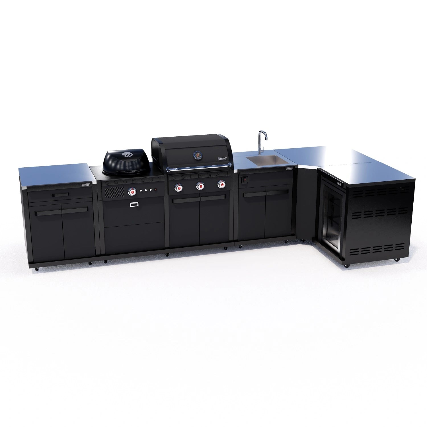 Matte black Coleman 5-module L-shape outdoor kitchen with dual fuel BBQ, corner bench, sink, and fridge on right-hand return. Modern modular setup.