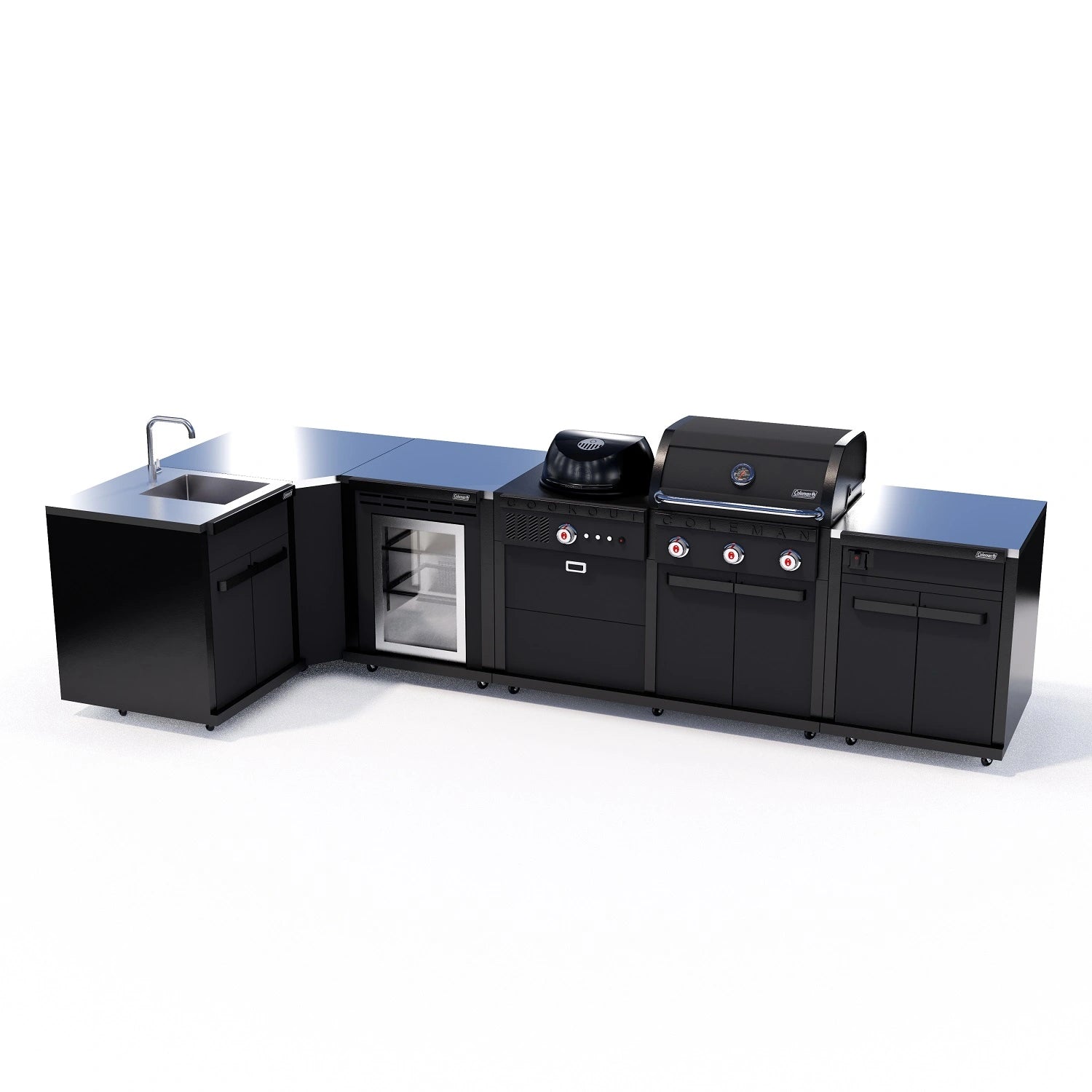 Matte black Coleman L-shape 5-module outdoor kitchen showing fridgein the middle next to the dual fuel BBQ, sink, and corner return—alternate modular layout 