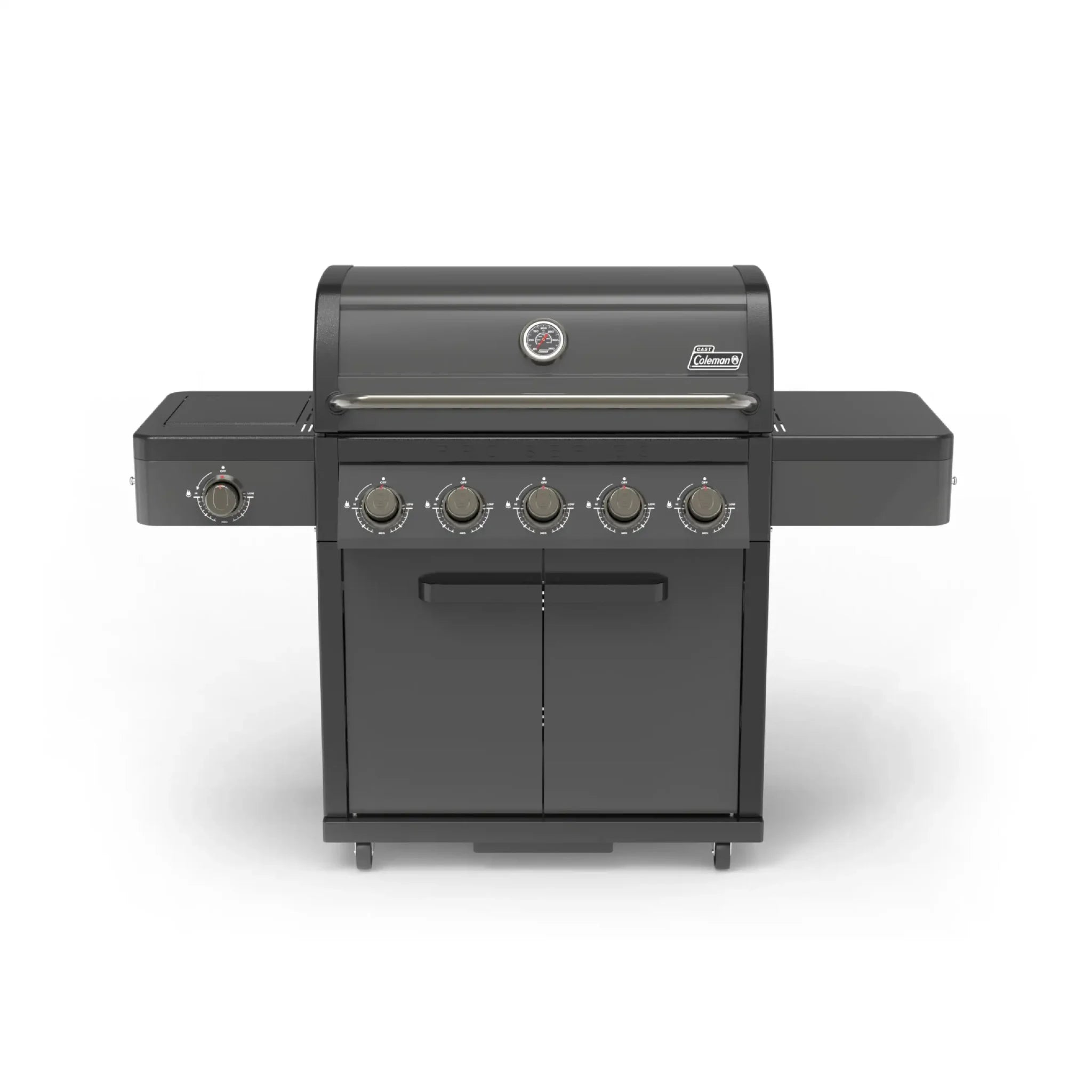 Front view of Coleman Pro Series 5 burner BBQ on cart