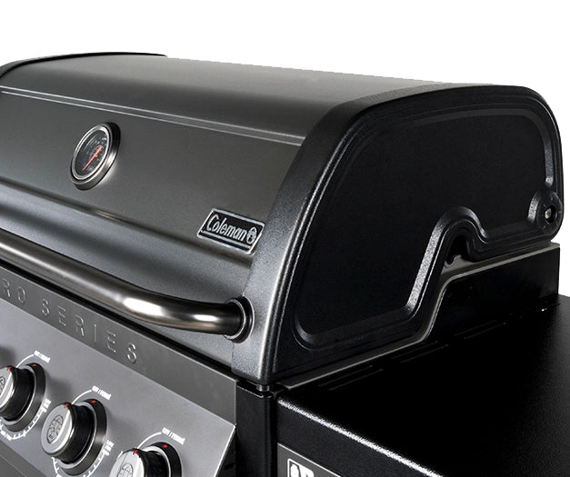 Matte black lid and handle detail on Coleman 5 burner BBQ