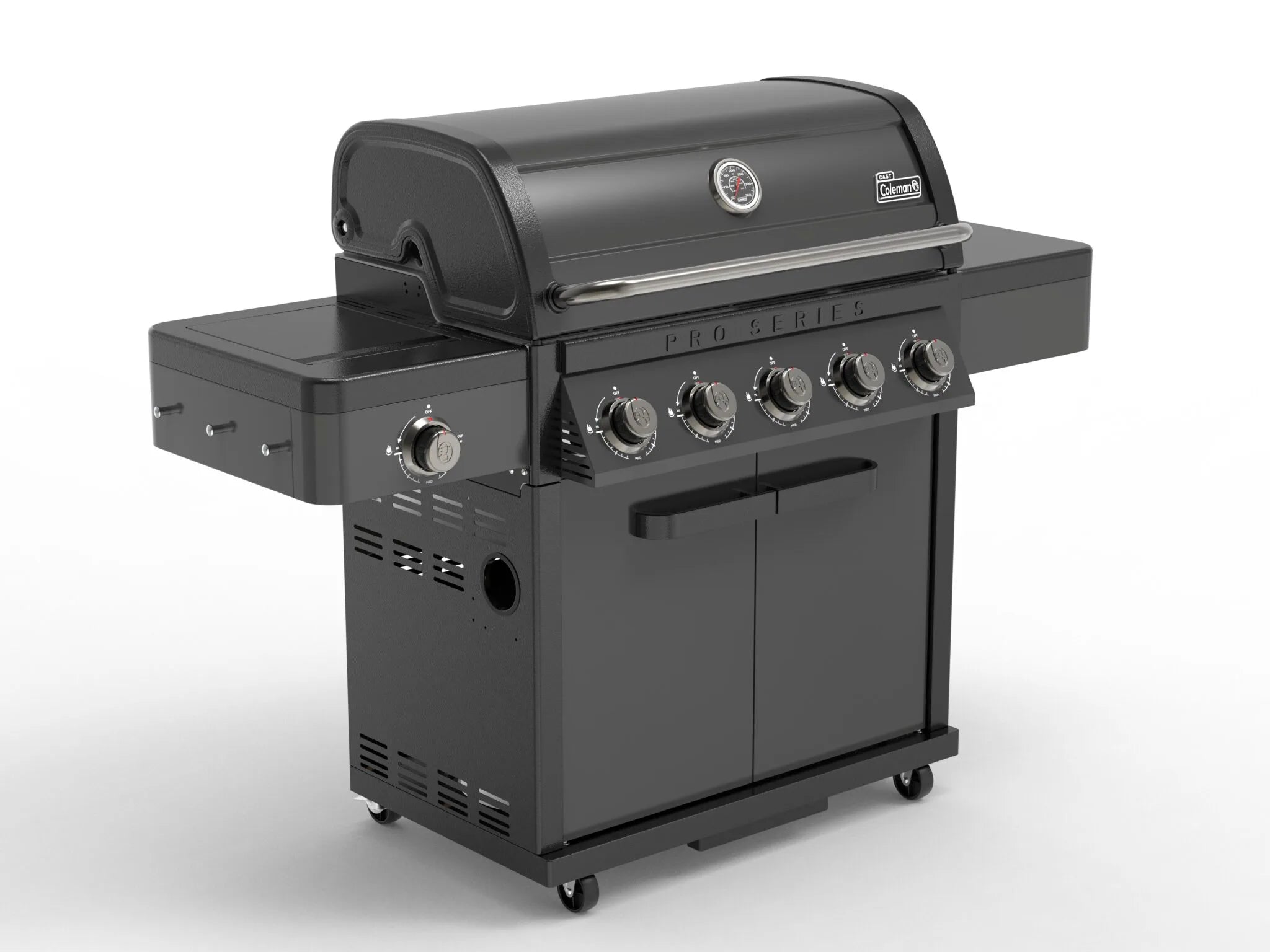Right angle view of Coleman Pro Series 5 burner BBQ