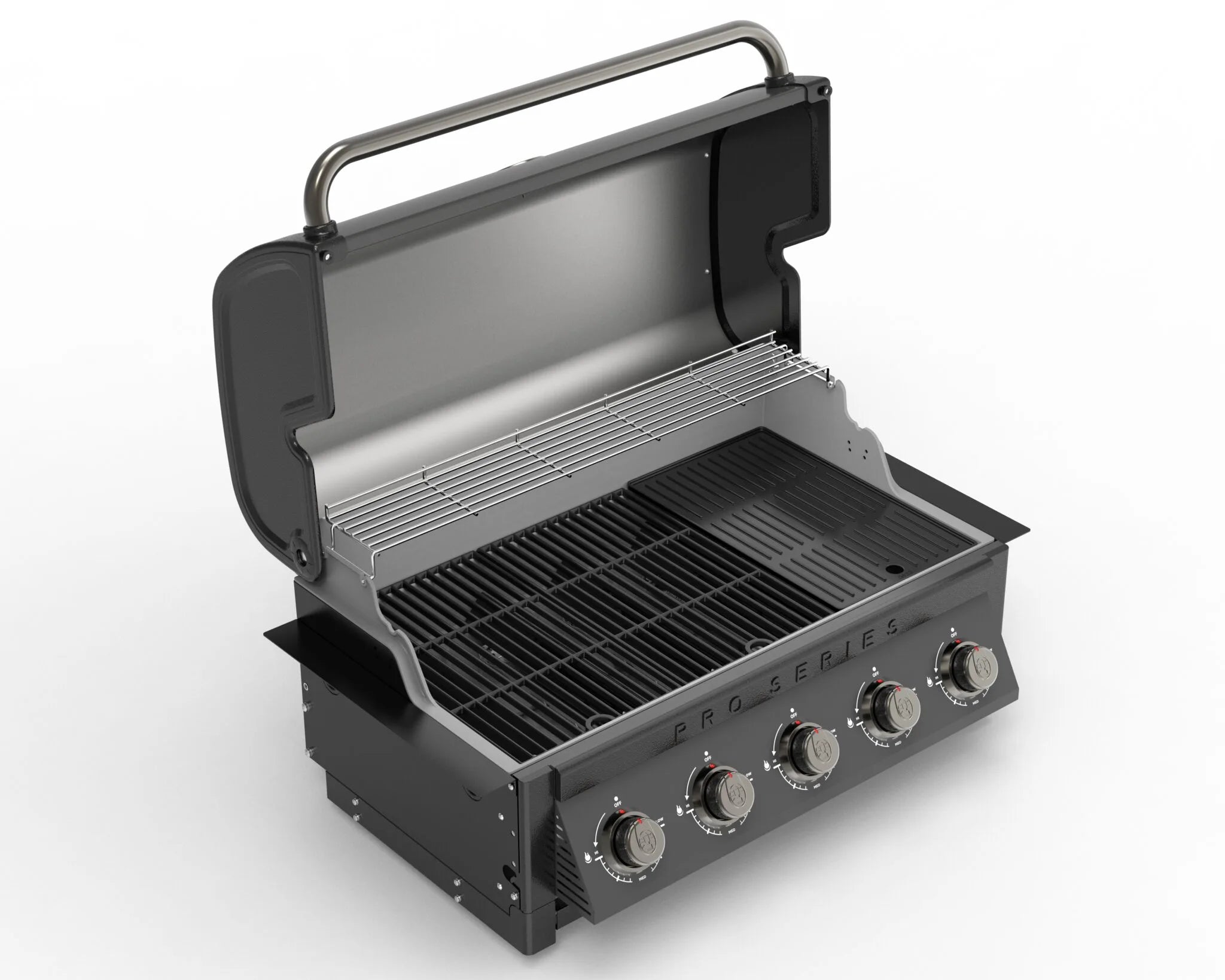 Coleman Pro Series built-in BBQ with lid open showing cooking grills