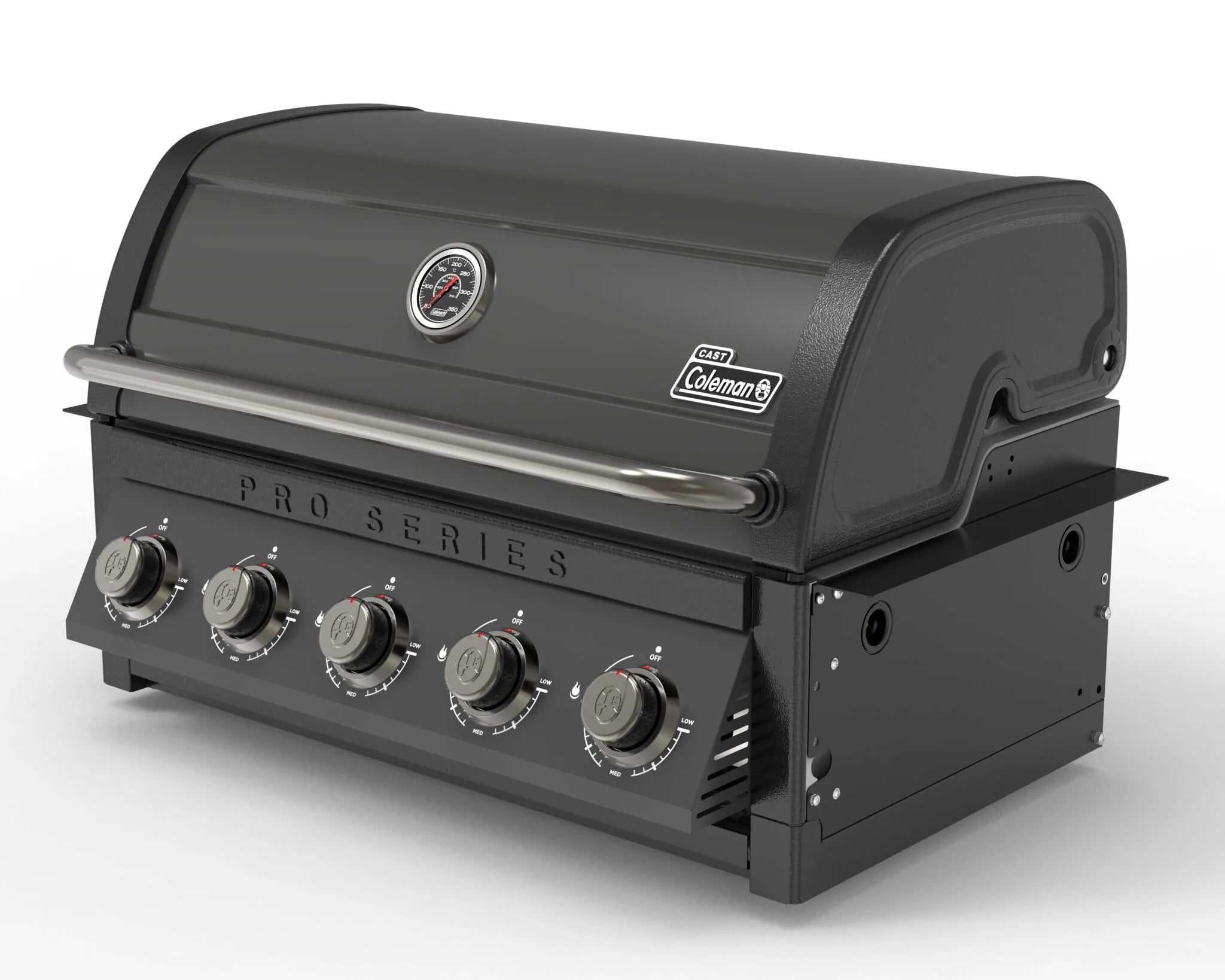 Right angle view of Coleman Pro Series 5 burner built-in BBQ