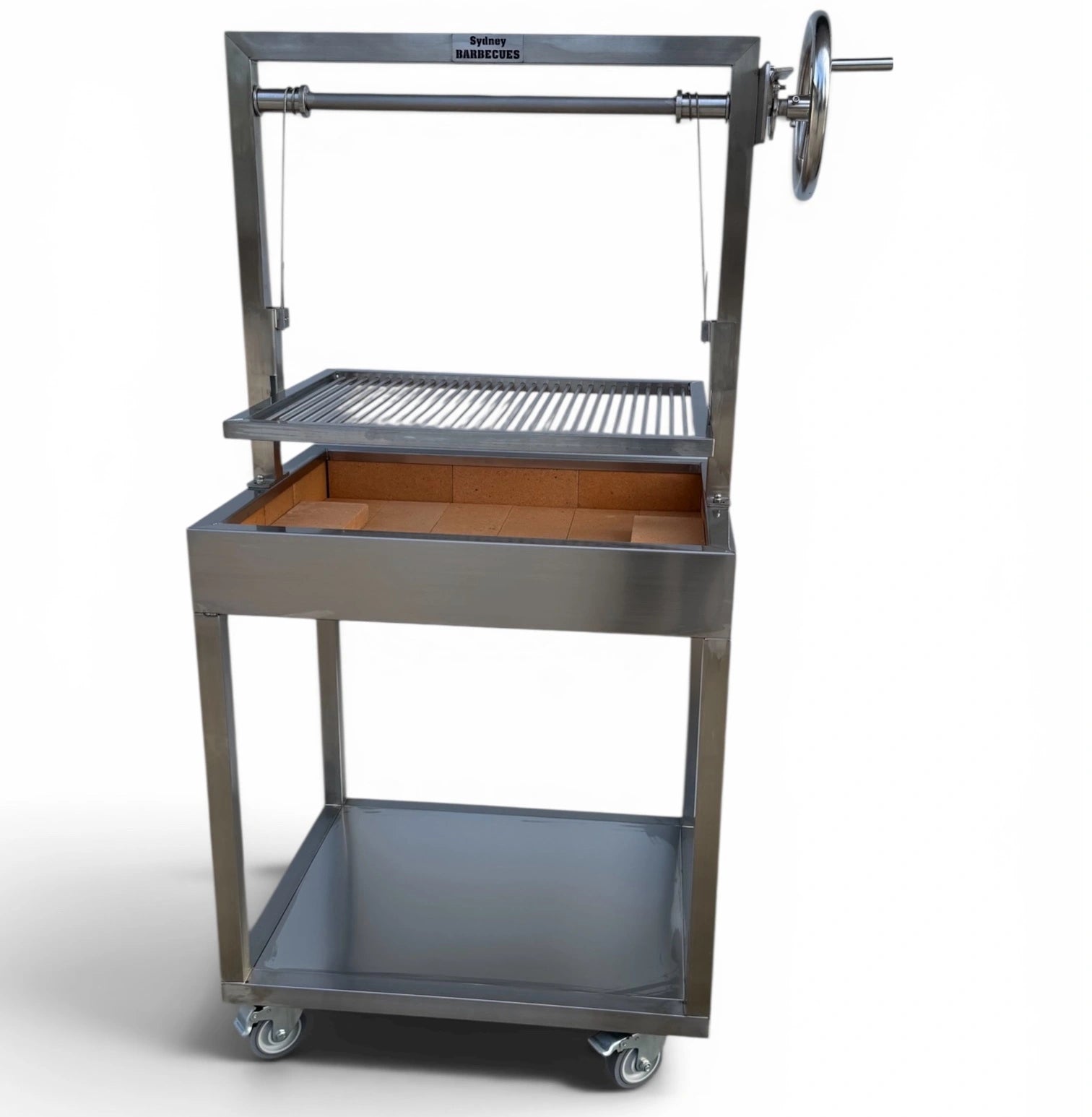 Commercial compact Parrilla charcoal BBQ with adjustable grill height and heavy duty stainless steel construction.