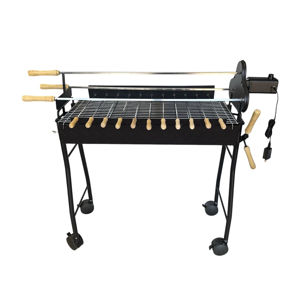 Complete Cyprus charcoal BBQ rotisserie kit with skewers and motor